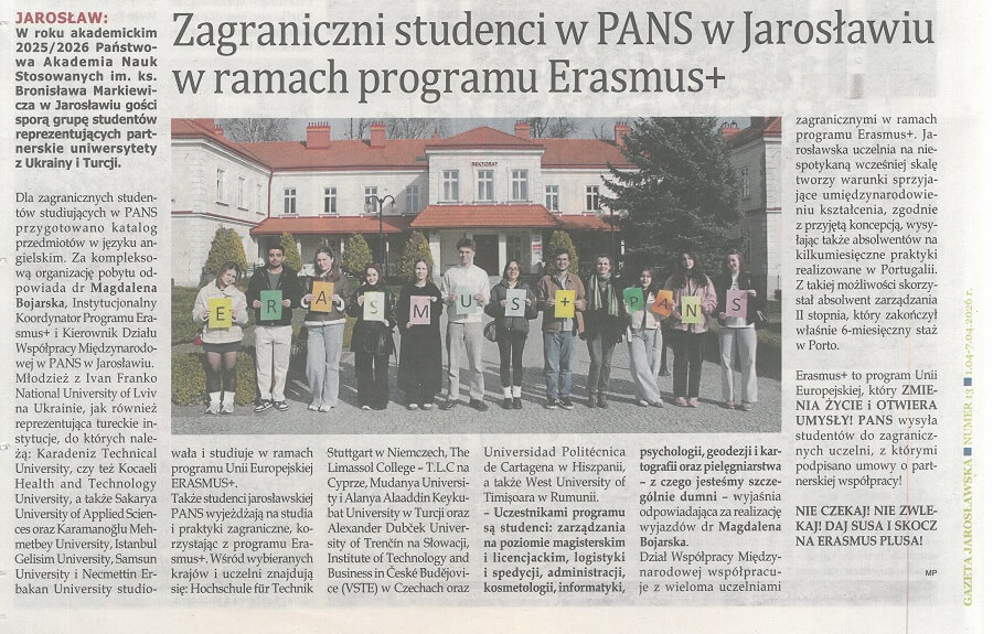 Zagraniczni studenci w PANS w Jarosławiu w ramach programu Erasmus+